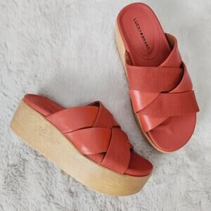 Lucky Brand Dikona Leather Platform Wedge Slide Sandal Chili Orange Size 6